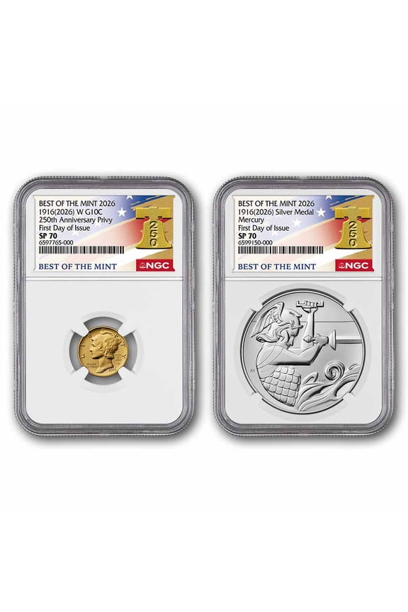 2026 Gold Mercury Coin & Silver Medal Set SP-70 NGC (FDI, Bell)