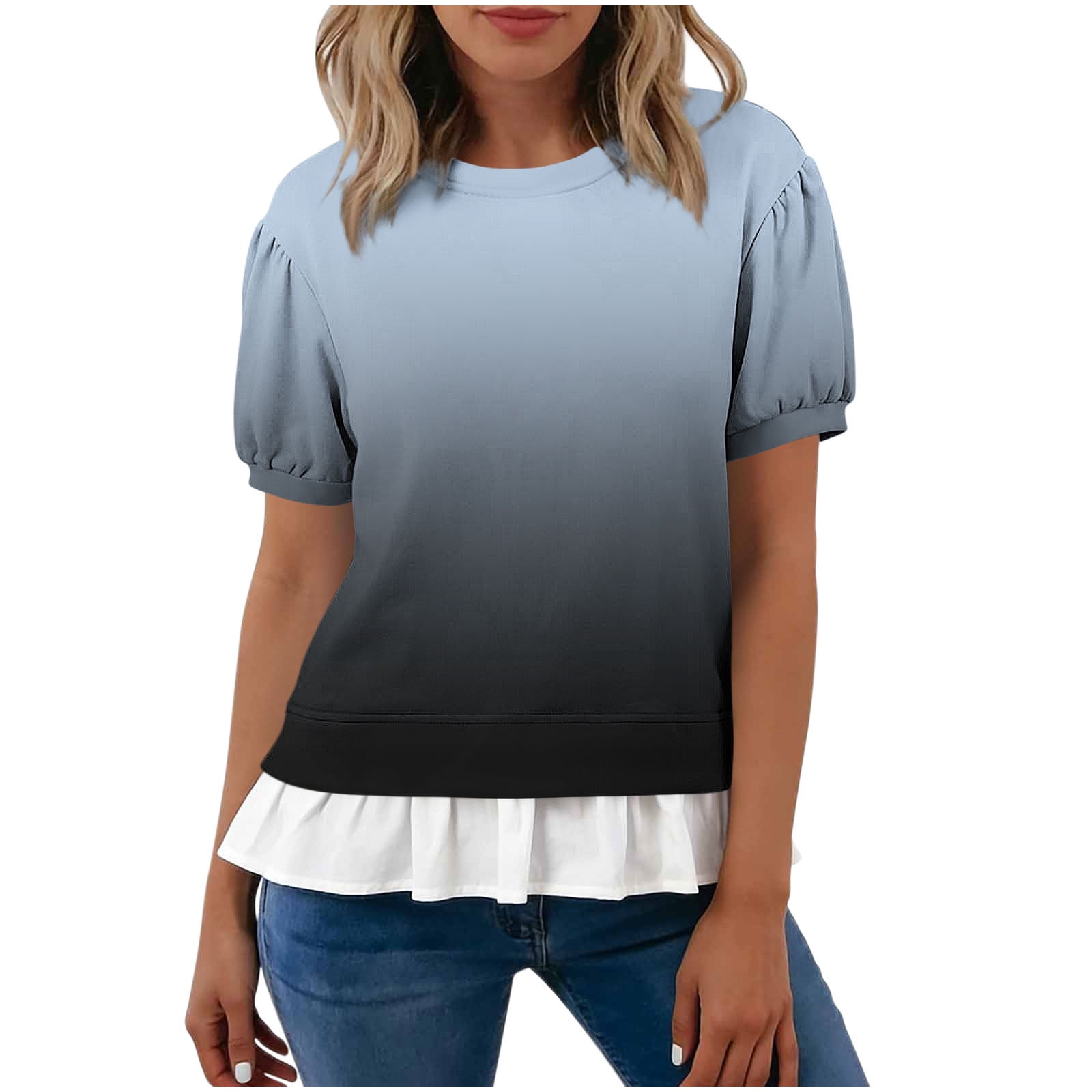 2026 Gradient Puff Women's Short Sleeve Shirts Casual Color Block ...