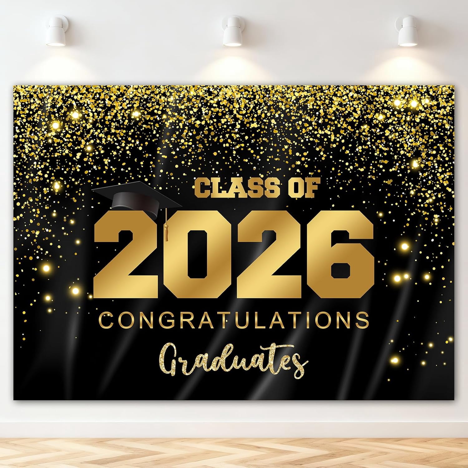 2026 Graduation Backdrop Black Gold Glitter Class of 2026 Congrats Grad ...