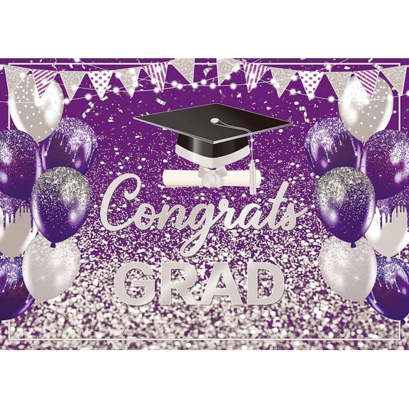 2026 Graduation Backdrop Purple Silver Congrats Grad Bachelor Cap Balloon Prom Send Off Background School Celebration Class of 2026 Party Decorations Banner Supplies Photo Booth Props
