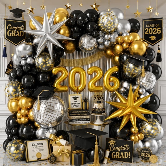 2026 Graduation Balloon Garland Arch Kit, Black Gold Silver Balloon Arch Class of 2026 Graduation Decorations Disco Star Balloons for Grad Celebrations Birthday Party Decorations