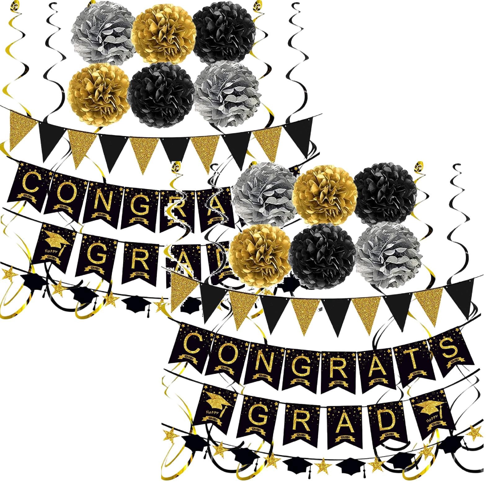 2026 Graduation Banner Star Cap Garland Paper Pom Pom Set for Ceiling Wall Yard Patio Party Decor