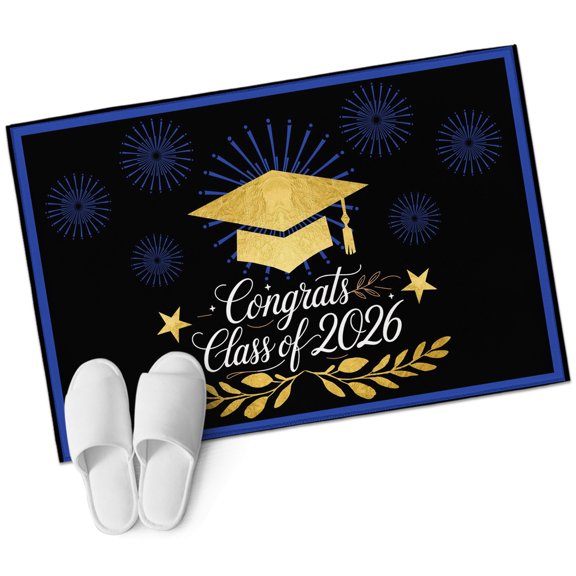2026 Graduation Bathroom Rug Washable 2x3 Entryway Rug Non Slip Yellow Star Botanical Graduation Cap Front Door Mat Low Pile Indoor Doormat Throw Floor Carpet for Kitchen Bedroom Entrance