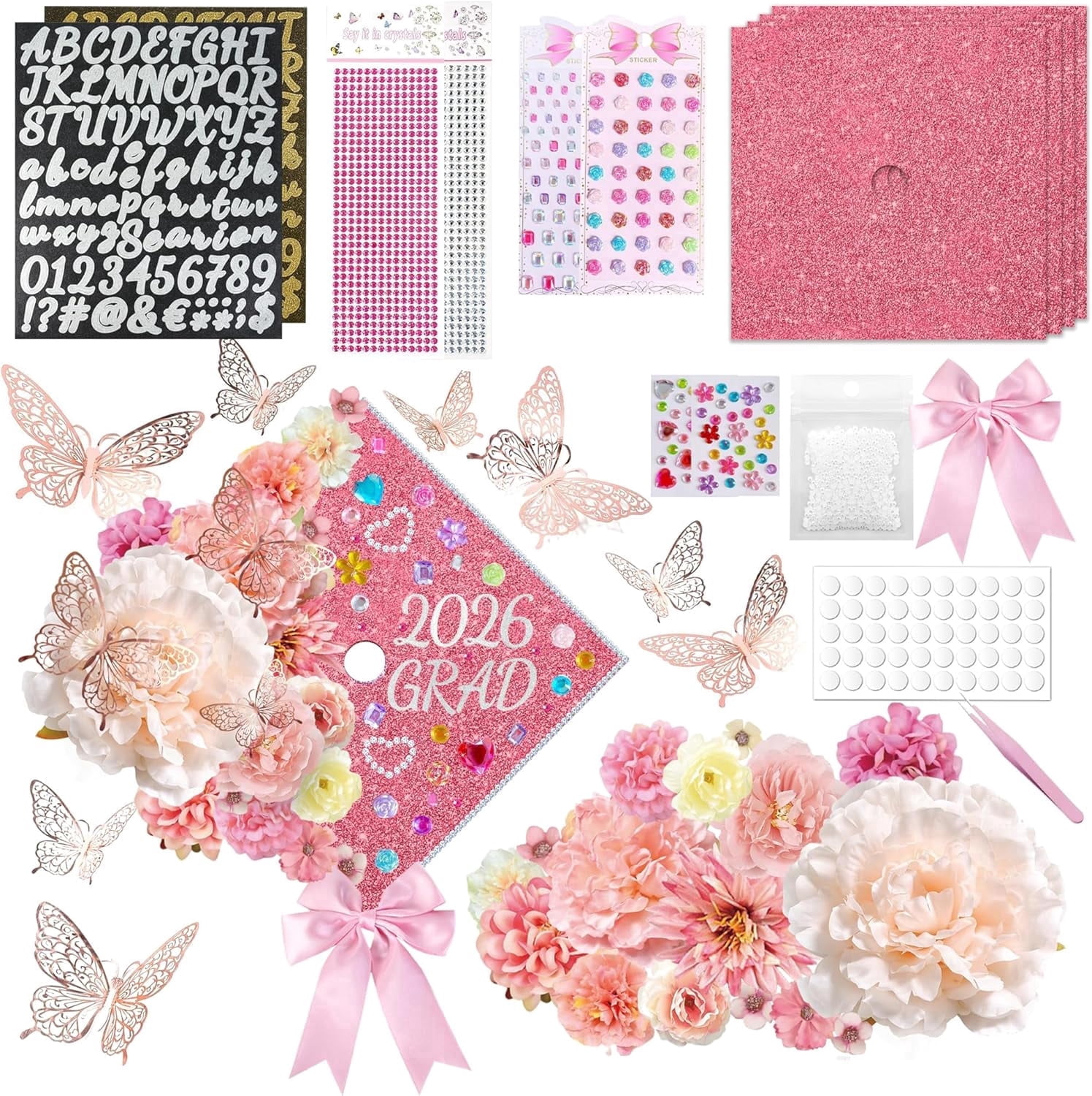 2026 Graduation Cap Decorations Kit, 56 Pcs DIY Grad Cap Topper Set with Artificial Flowers, Bow, 3D Butterflies, Glitter Letters, Rhinestones for High School College Graduation