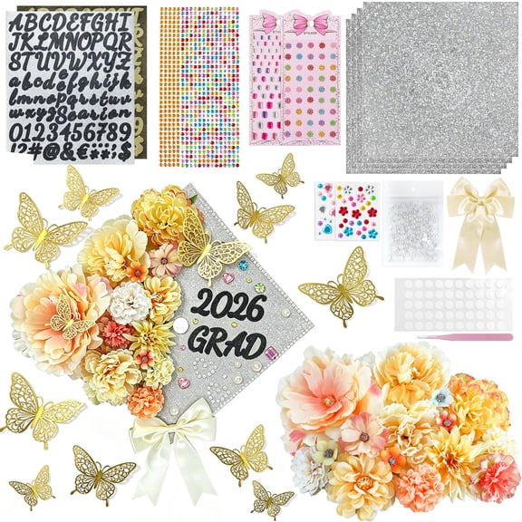 2026 Graduation Cap Decorations Kit, 56 Pcs DIY Grad Cap Topper Set with Artificial Flowers, Bow, 3D Butterflies, Glitter Letters, Rhinestones for High School College Graduation