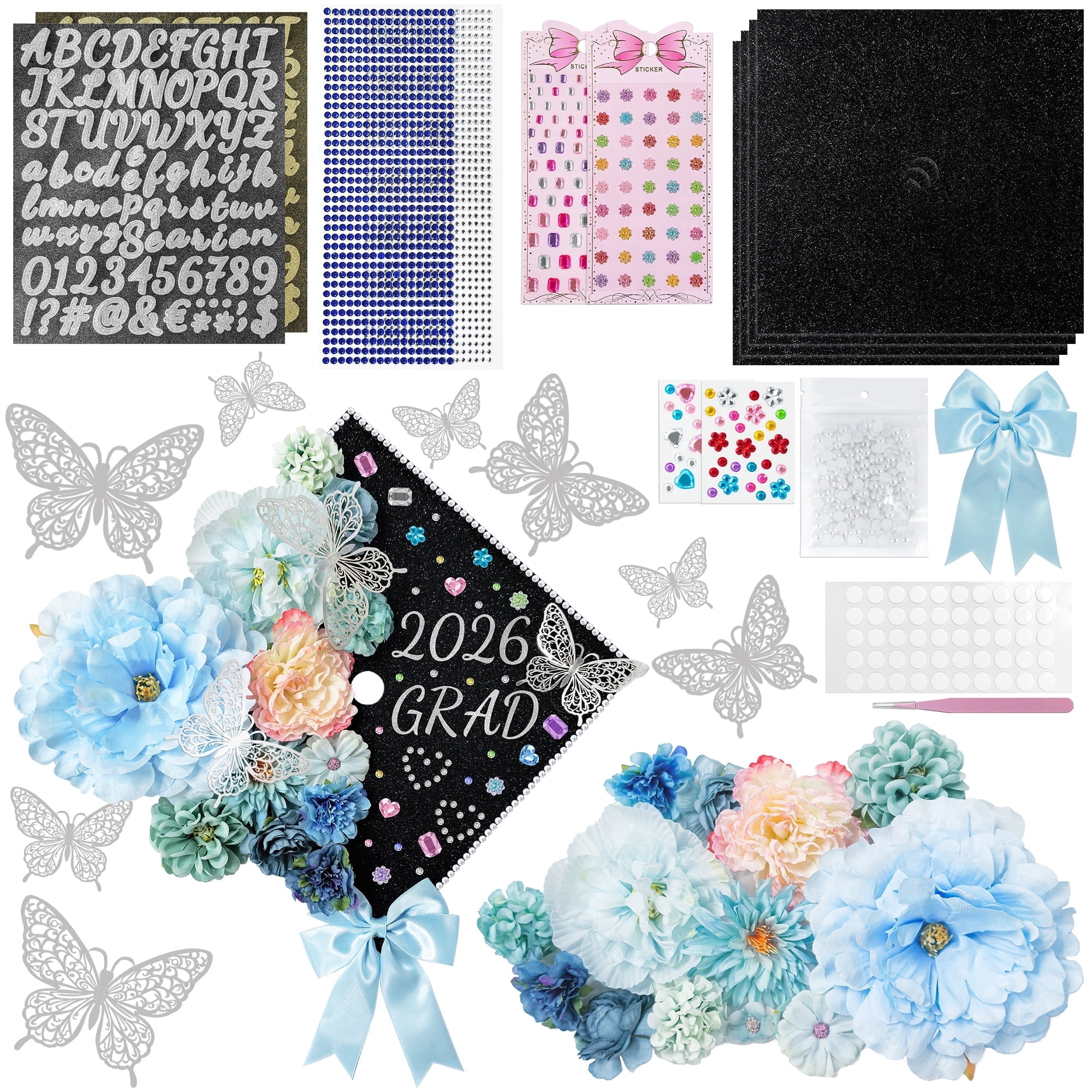 2026 Graduation Cap Decorations Kit, 56 Pcs DIY Grad Cap Topper Set with Artificial Flowers, Bow, 3D Butterflies, Glitter Letters, Rhinestones for High School College Graduation