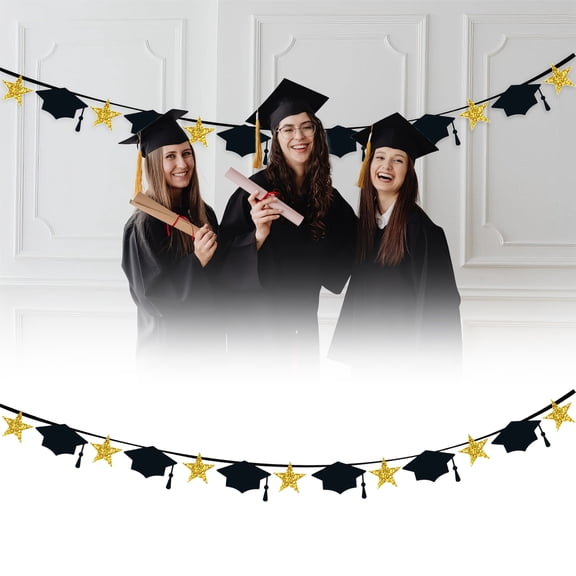 2026 Graduation Cap Star Garland Bunting Black Glitter Graduation Banner Party Prom Decorations Red Blue Gold Grad Hanging Decor For High School College Home Graduation Photo Booth Props