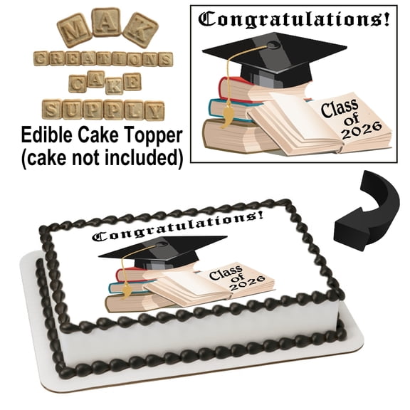 2026 Graduation Cap and Books Graduation 1/4 Sheet Cake topper - Can also be used on a 1/2 Sheet with room to decorate!