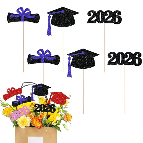 2026 Graduation Centerpieces for Tables Toppers, 6PCS/Set Glitter Graduation Cutouts Cap Sticks Vase Decor Confetti Class for College Graduation Supplies