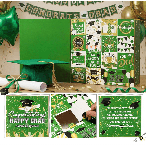 2026 Graduation Countdown Gift Box, 16 Day Surprise Box with Graduation-Themed Compartments, DIY Fillable Empty Gift Box for Graduates Green