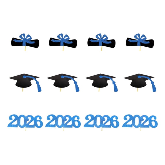 2026 Graduation Cupcake Toppers, 12Pcs Food/Appetizer Picks For Graduation Theme Party Mini Cake Decorations Supply, Glitter Diploma & Graduation Cap Cake Decor for Commencement Party(Blue,3.9x3.9")