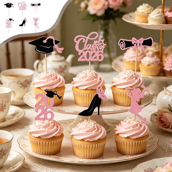 2026 Graduation Cupcake Toppers, 12Pcs Pink Glitter Class of 2026 Cake Picks, Congrats Grad Dessert Decorations for Graduation Party, Glittery Graduation Cap and Diploma Cupcake Signs for Ceremony