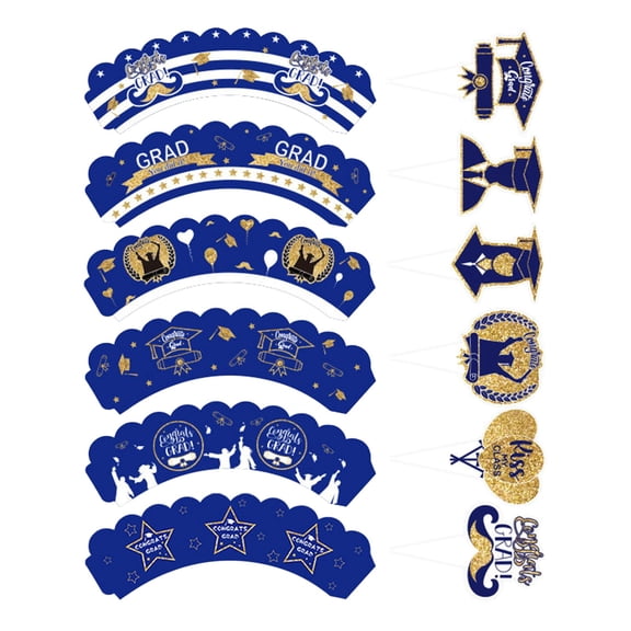 2026 Graduation Cupcake Toppers with Liners Adjustable Three-Size Fit Decoration, Food Grade Cardboard Cake Toppers with Glossy Finish for Graduation Party Dessert Table Display