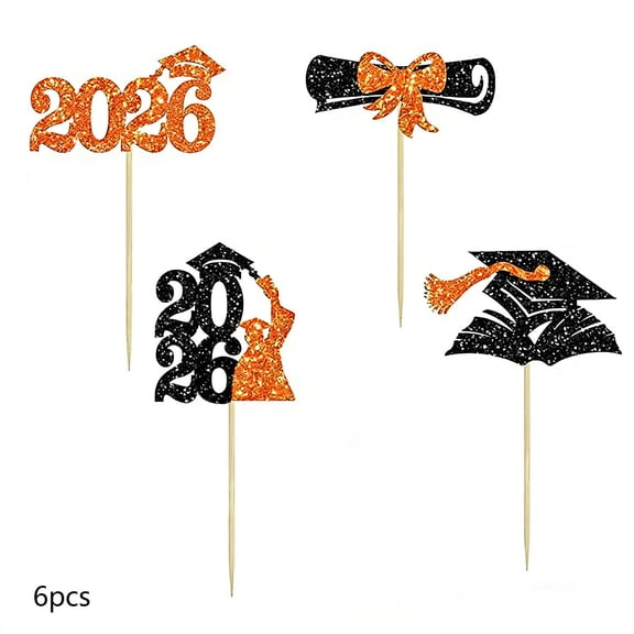 2026 Graduation Cupcake Toppers, Pre-Assembled Food & Appetizer Picks, Grad Cap & Diploma Cupcake Decorations for Graduation Party 24 Pack Orange