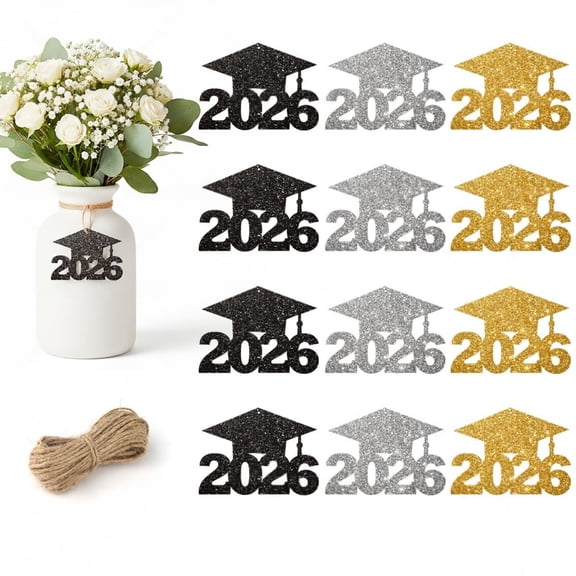 2026 Graduation Decorations 24 Pcs Class of 2026 Centerpieces for Table - Glitter Cutouts Grad Cap Tags Double Side Sparkling Confetti Party Decor for Vase Mason Jar, Congrats Grad Supplies