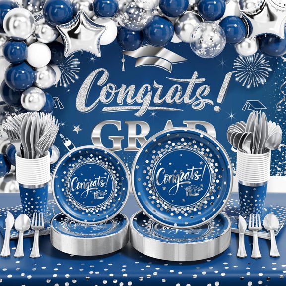 2026 Graduation Decorations - 245 PCS Grad Disposable Dinnerware(Serve 25) & Graduation Party Supplies With Congrats Paper Plate Cup Napkin Tablecloth Backdrop Balloon Kit - Navy Blue Sliver