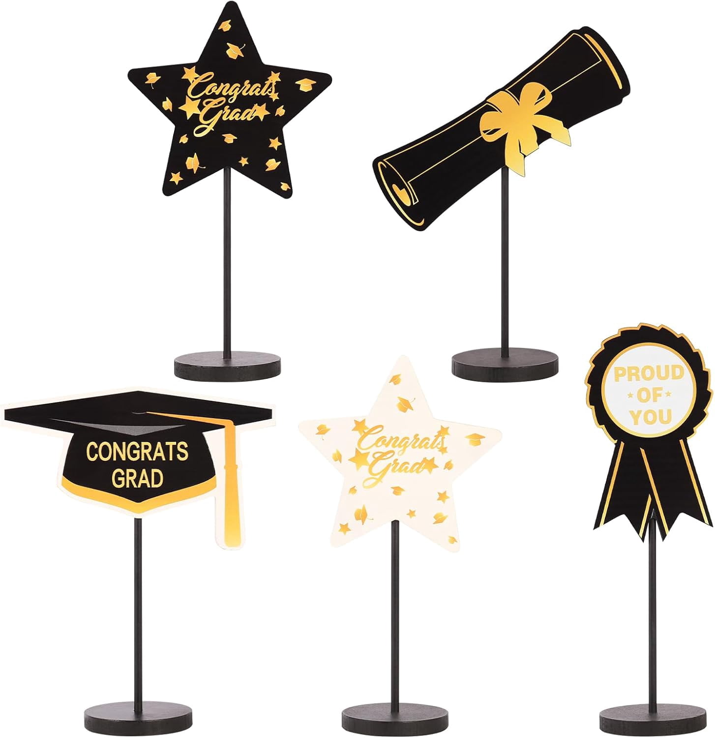 2026 Graduation Decorations, 5Pcs Black Gold White Wooden Table Centerpieces Decor Include Grad Cap Diploma Star Supplies Medal Sign, of Congrats Day Class Party Decoration.