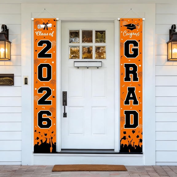 2026 Graduation Decorations, Class of 2026 Graduation Porch Door Banner Orange Black Congrats Grad Door Sign for Indoor Outdoor Graduates Party Decorations