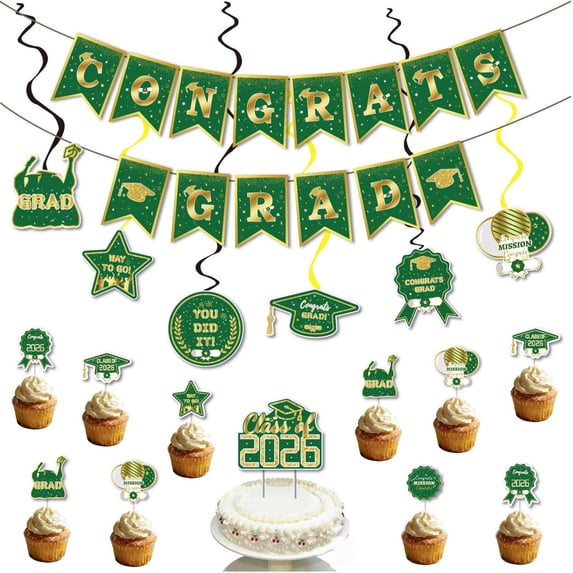 2026 Graduation Decorations Classof2026 Banner, GreenandGold Graduation Party Supplies, Congrats Grad Banner, Graduation Cake Toppers, Hanging Swirl Decor, 2 Pc Hanging