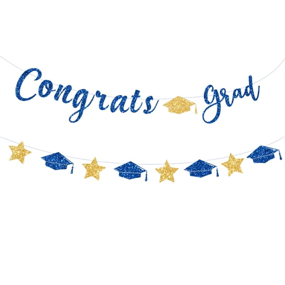2026 Graduation Decorations Congrats Grad Blue Glitter Banner-Graduate Party Decorations