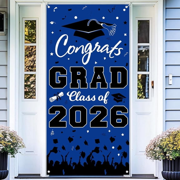 2026 Graduation Decorations, Congrats Grad Class of 2026 Door Cover-73x36Inch Graduation Front Door Porch Sign Banner Backdrop Hanging Décor (Blue Black)