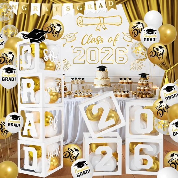 2026 Graduation Decorations - White Balloon Boxes with Letters 2026 Grad & So Proud of You and White Gold Print Balloons, Graduation Party Decorations Class of 2026 for Any Grades(White)