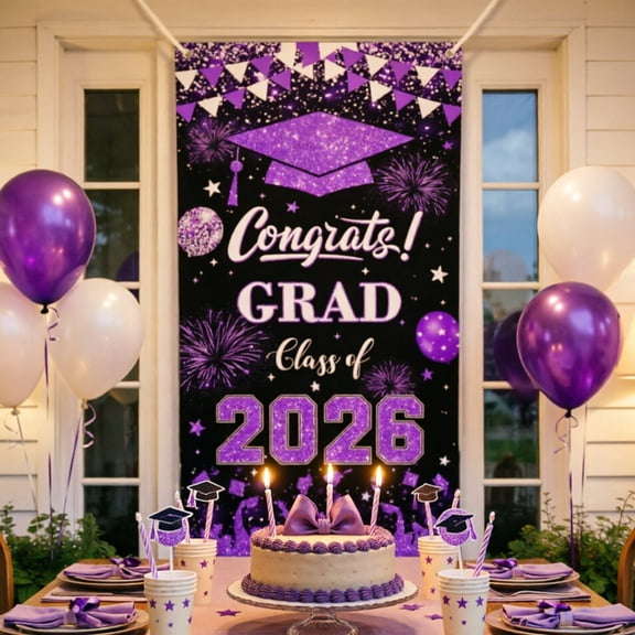 2026 Graduation Door Cover 3X6 Ft Purple Congrats Grad Banner Class Of 2026 Porch Sign For Graduation Used For Party Decorations Graduation Season Graduation Gift Graduation Blessings