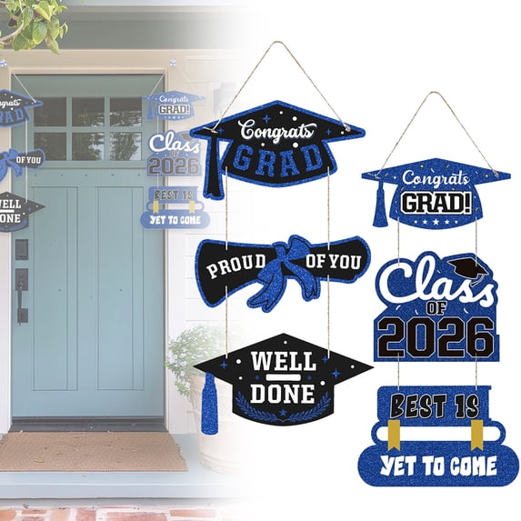 2026 Graduation Door Sign Congrats Grad Porch Decorative Congrats Graduate Hanging Sign with 3 Patterns Graduation Party Supplies for Indoor Outdoor Decor, Blue Gold