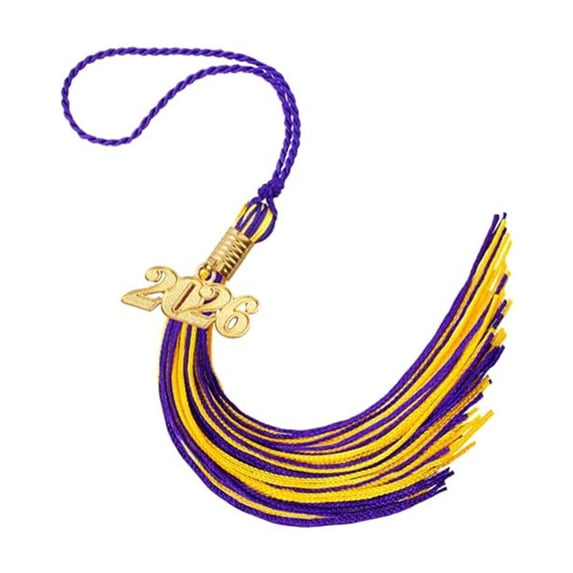 2026 Graduation Double Color Tassel Purple and Gold with Gold Date Drop Charm Class of 2026 Grad Tassels for Cap Decorations High School Graduation Gift for Her