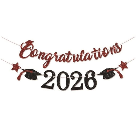 2026 Graduation Emblem Banner Red Glitter Pre-Assembled Hanging Decor for College University Graduation Celebration Wall Ceiling Fireplace Dessert Table Photo Backdrop, 1 Banner