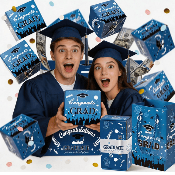 2026 Graduation Explosion Gift Box, Pop Up Money Holder DIY Confetti Card Box, Empty Fillable Gift Box, Creative Party Favor for Graduates Blue