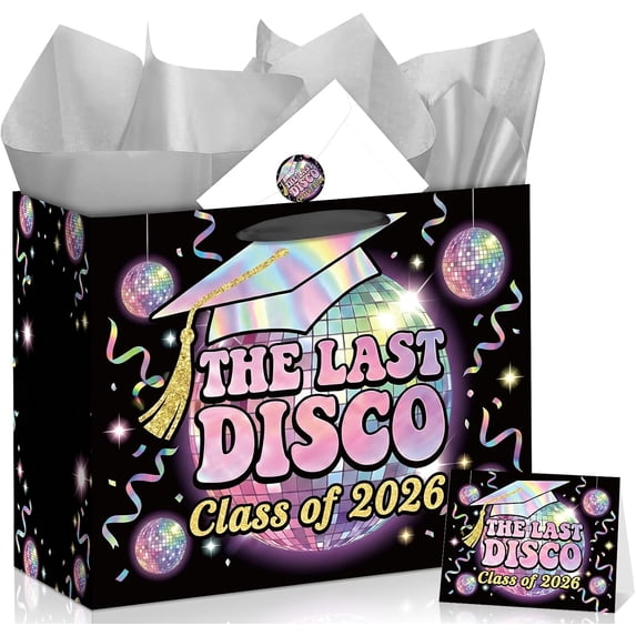 2026 Graduation Gift Bag, The Last Disco Class of All-in-One Set with Greeting Card, Sticker, Envelope & Tissue Paper, Retro Party Wrap for High School, College, Girls, Seniors