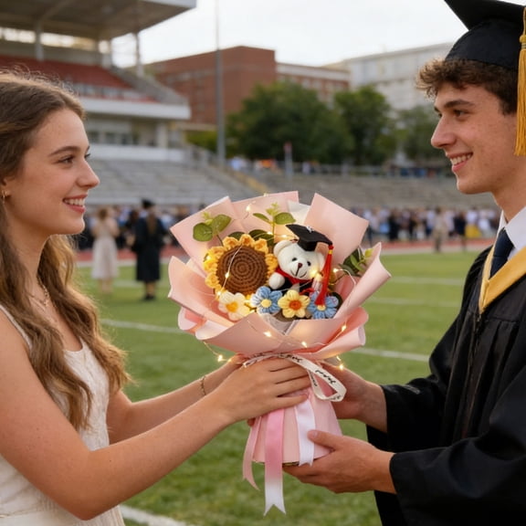 2026 Graduation Gift Hand-Woven Sunflower Bouquet With Plush Bear Stuffed Animal Card Gift Bag Set For Graduates Celebration Party Decor,Pink