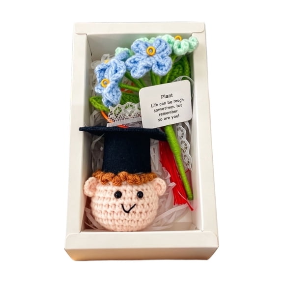 2026 Graduation Gifts Set, Handmade Crochet Graduation Gift Set,Emotional Support Graduation Doll Doll with Artificial Flower Keychain Gift Box for Friends, Classmates, Desk Ornament(A)