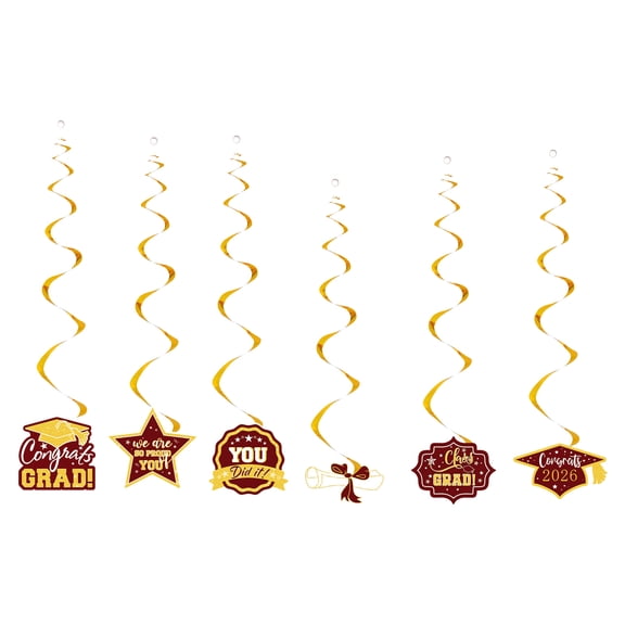 2026 Graduation Hanging Swirls Decorations - 6 PCS Maroon and Gold Congrats Grad Foil Ceiling Decor, Class of 2026 Party Supplies for High School College University Ceremony
