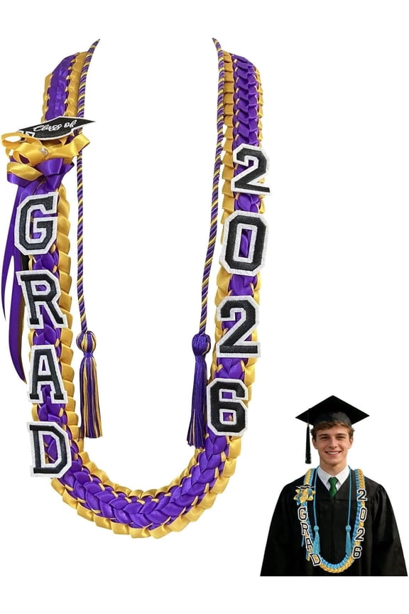 2026 Graduation Honor Lei – Braided Ribbon Money Holder Necklace with Class of 2026 Letters, Graduation Ceremony Accessory for Grads(Purple)