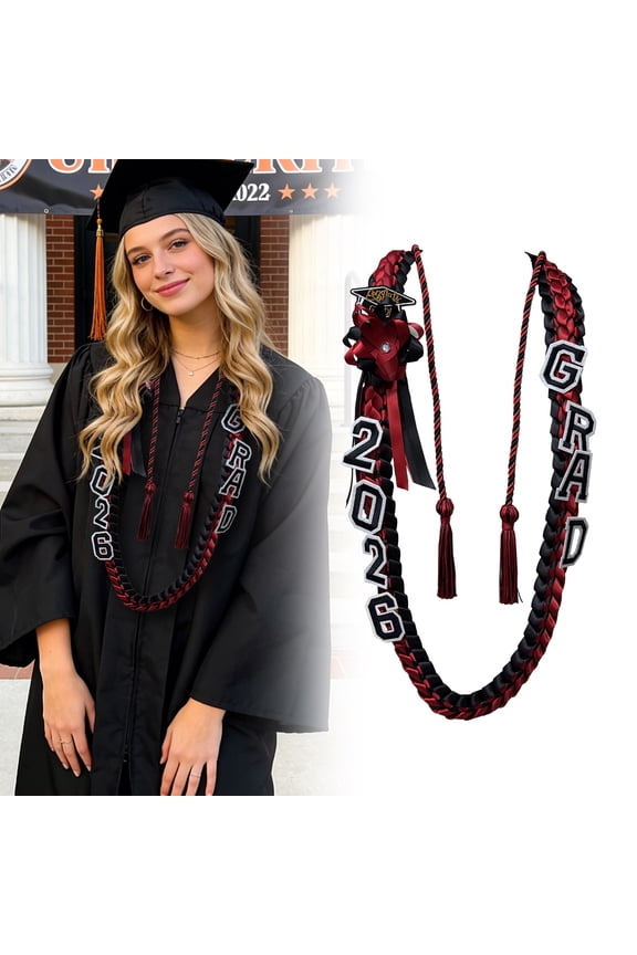 2026 Graduation Leis Black Red 120cm Handmade Double Braided Necklace Class of 2026 Senior Commencement Keepsake Gift