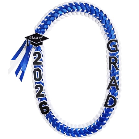 2026 Graduation Leis for Him Her, Handmade Double Braided Ribbon Lei Necklace, Blue and White Grad Leis, Keepsake Gift for High School College Graduation Party