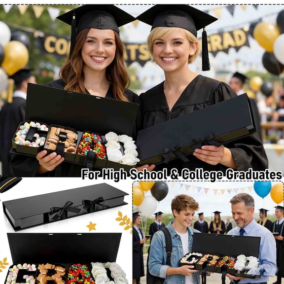 2026 Graduation Letter Shaped Fillable Cardboard Gift Box, 22x7.5x2 Inch DIY Tray Box for Grad Party Decor, Centerpieces, and Custom Keepsakes