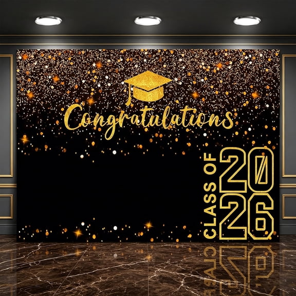 2026 Graduation Party Backdrop, Black Gold Glitter Photo Booth Banner, Polyester Graduation Celebration Background, for High School College Commencement