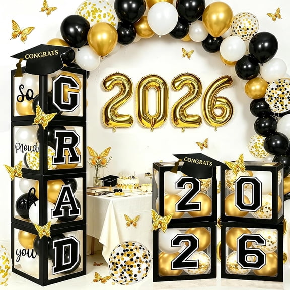 2026 Graduation Party Decorations: 4 Pcs Black Balloon Boxes with Letters 2026 GRAD So Proud of You, 80pcs Balloons, 12pcs Butterfly, "2026" Foil Balloons, Class of 2026 Party Supplies for Any Grades