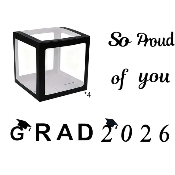 2026 Graduation Party Decorations Balloon Boxes with Black Gold White Balloons Kit- 4Pcs Boxes "2026 Grad Congrats Proud of You" for Class of 2026 Prom Backdrop Party Favors