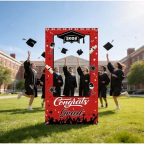 2026 Graduation Party Photo Frame Banner, Red Graduation Party Backdrop Congrats Grad Backdrop for Outdoor Celebrations