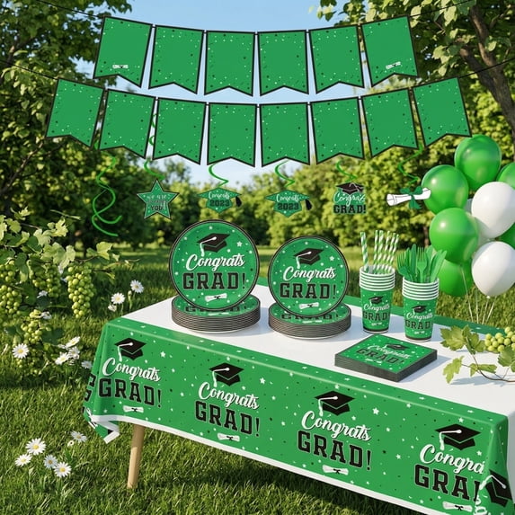 2026 Graduation Party Supplies, Congrats Grad Green Tableware & Decorations Set, Banner, Plates, Napkins, Cups, Tablecloth for Grad Party Tablecloth-1PC