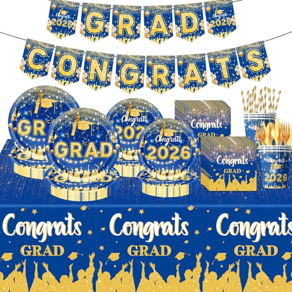 2026 Graduation Party Supplies, Congrats Grad Tableware & Decor Set, Blue Gold Tablecloth for Grad Party (E)