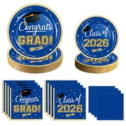 2026 Graduation Party Supplies Tableware Set - 200 Pcs Blue Gold Graduation Plates and Napkins Class of 2026 Disposable Dinnerware for College High School Congrats Grad Party Favors, Serve 50