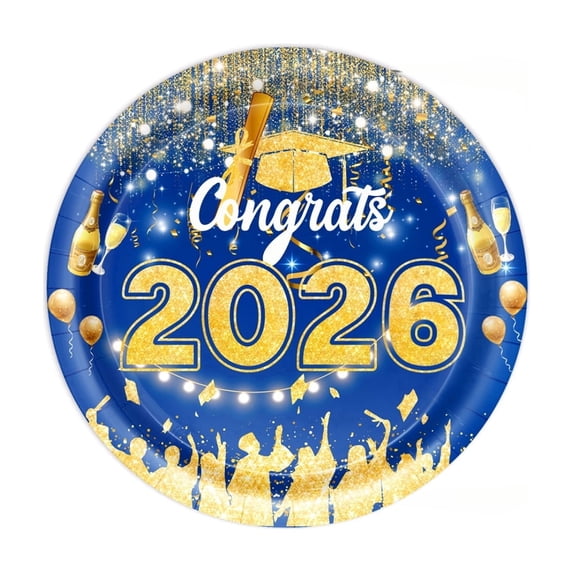 2026 Graduation Party Tableware Set, Congrats Grad Blue Gold Decorations, Banner, Plates, Napkins, Cups, Tablecloth for Grad Party Supplies (B)