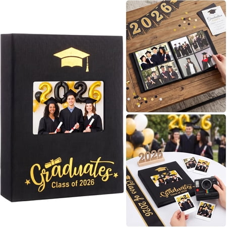 2026 Graduation Photo Album - Holds 200 4x6 Photos, Linen Cover, DIY Window, Black Memory Book for College Graduates