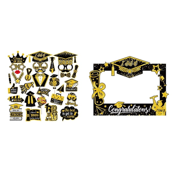 2026 Graduation Photo Booth Props, Black/Gold Class of 2026 Decor, Large Frame & Handheld Signs with Sticks, Cardstock Party Favors for Grad, 8PCS
