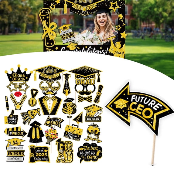 2026 Graduation Photo Booth Props, Black Gold Graduation Photo Prop Frame & Grad Photo Booth Props, Funny Grad Party Selfie Props, Selfie Photo Frame for College Grad, Photo Props